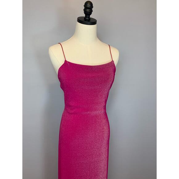 Vtg 90s Y2K City Triangles Open Back Strappy Hot Pink Metallic Bodycon Dress Med - Picture 14 of 17